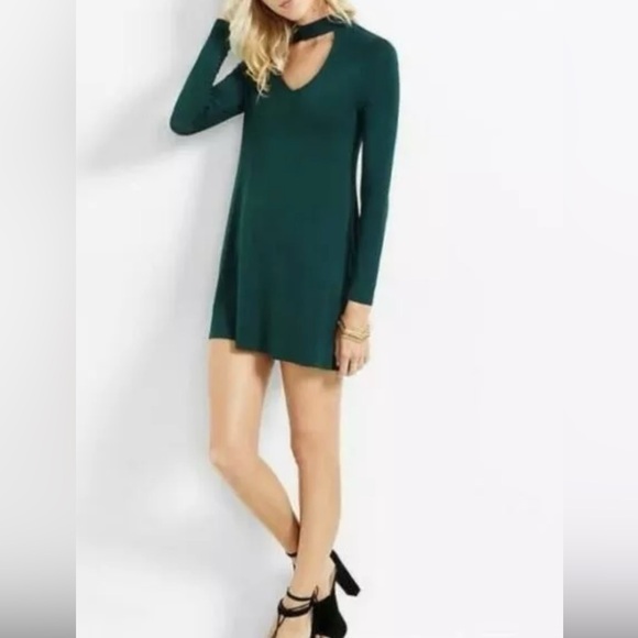 EUC Express Cut-Out Trapeze Choker Dress - Forest Green - Size S - Picture 1 of 7